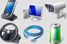 Image contains a desktop computer, network cabling,
steering wheel for computer simulation of car driving, security video-cam, 
spare power supply.
 